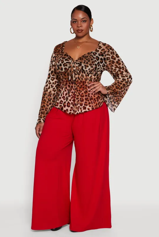 Plus Size Printed Mesh Long Sleeve Sweetheart Tie Front Top sold by Rainbow