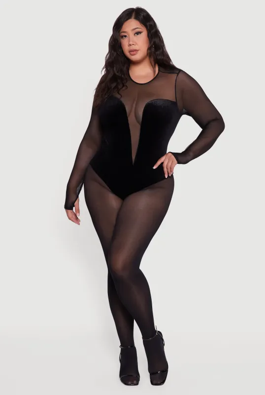 Plus Size Mesh Velvet Long Sleeve Bodysuit sold by Rainbow