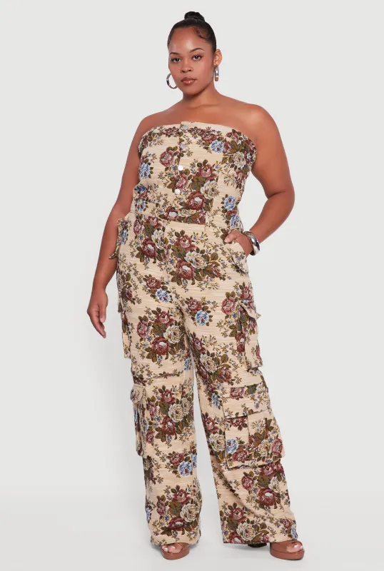 Plus Size Floral Jacquard Strapless Utility Jumpsuit sold by Rainbow