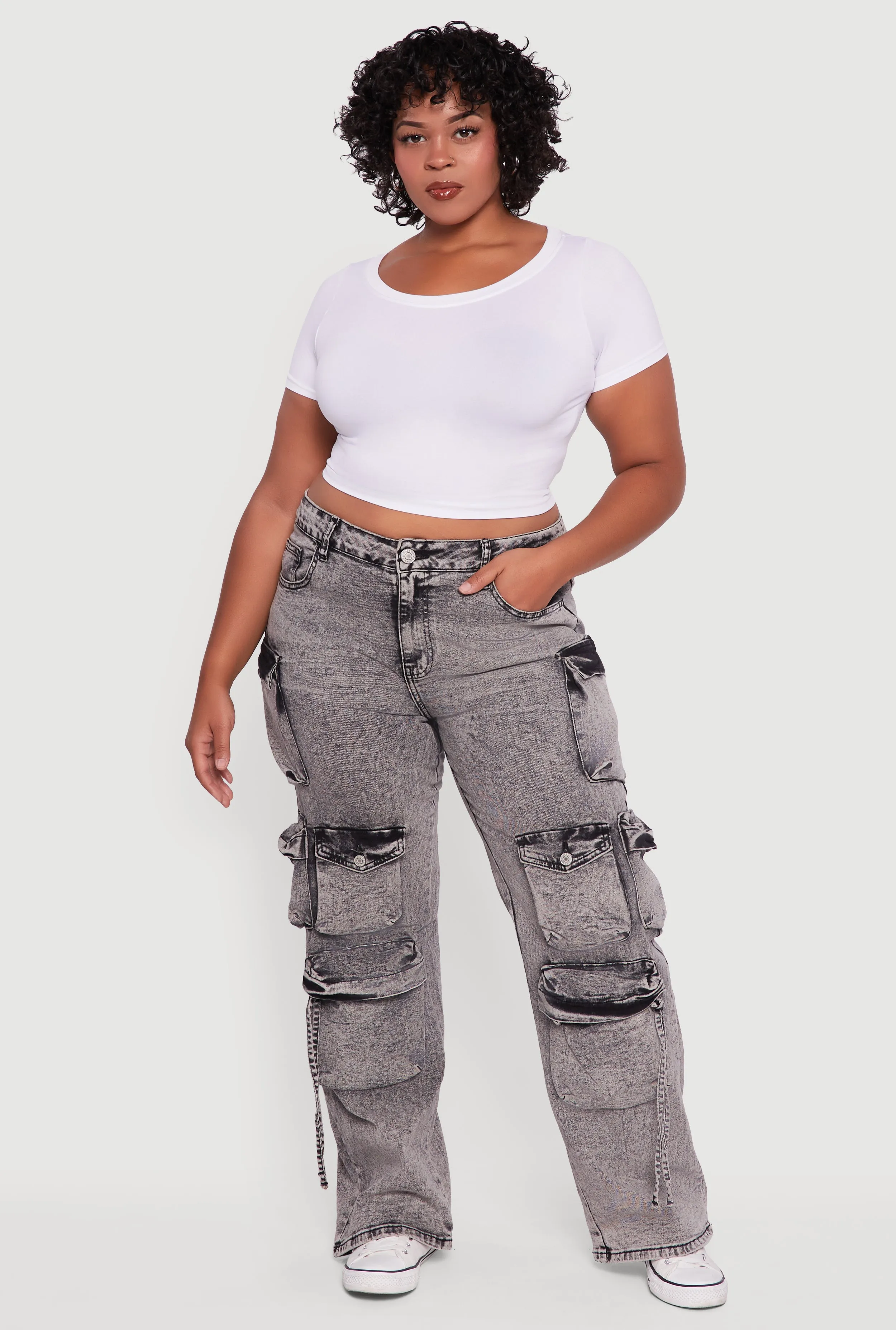 Plus Size VIP Acid Wash High Waisted Flare Leg Cargo Jeans sold by Rainbow