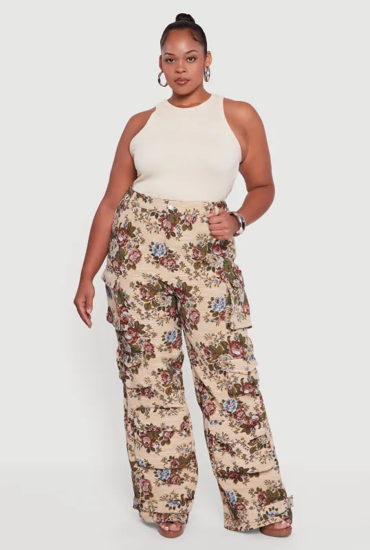 Plus Size Floral Jacquard Wide Leg Utility Pants sold by Rainbow