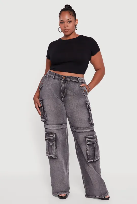 Plus Size Mineral Wash Straight Leg Cargo Jeans sold by Rainbow