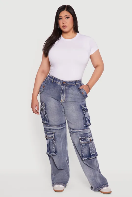 Plus Size Mineral Wash Straight Leg Cargo Jeans sold by Rainbow