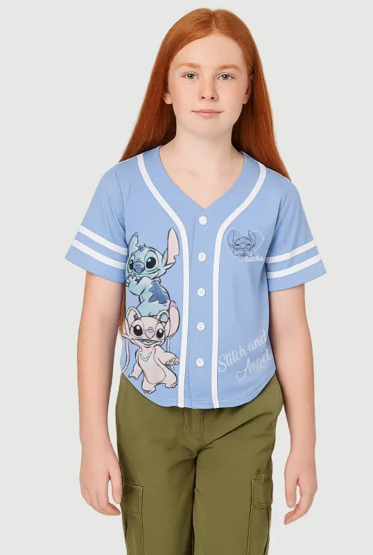 Girls Stitch and Angel Graphic Varsity Stripe Jersey Mesh Tee sold by Rainbow