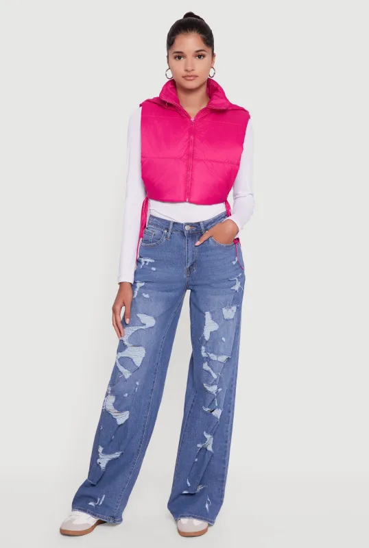 Hooded Cropped Puffer Vest with Open Tie Sides sold by Rainbow