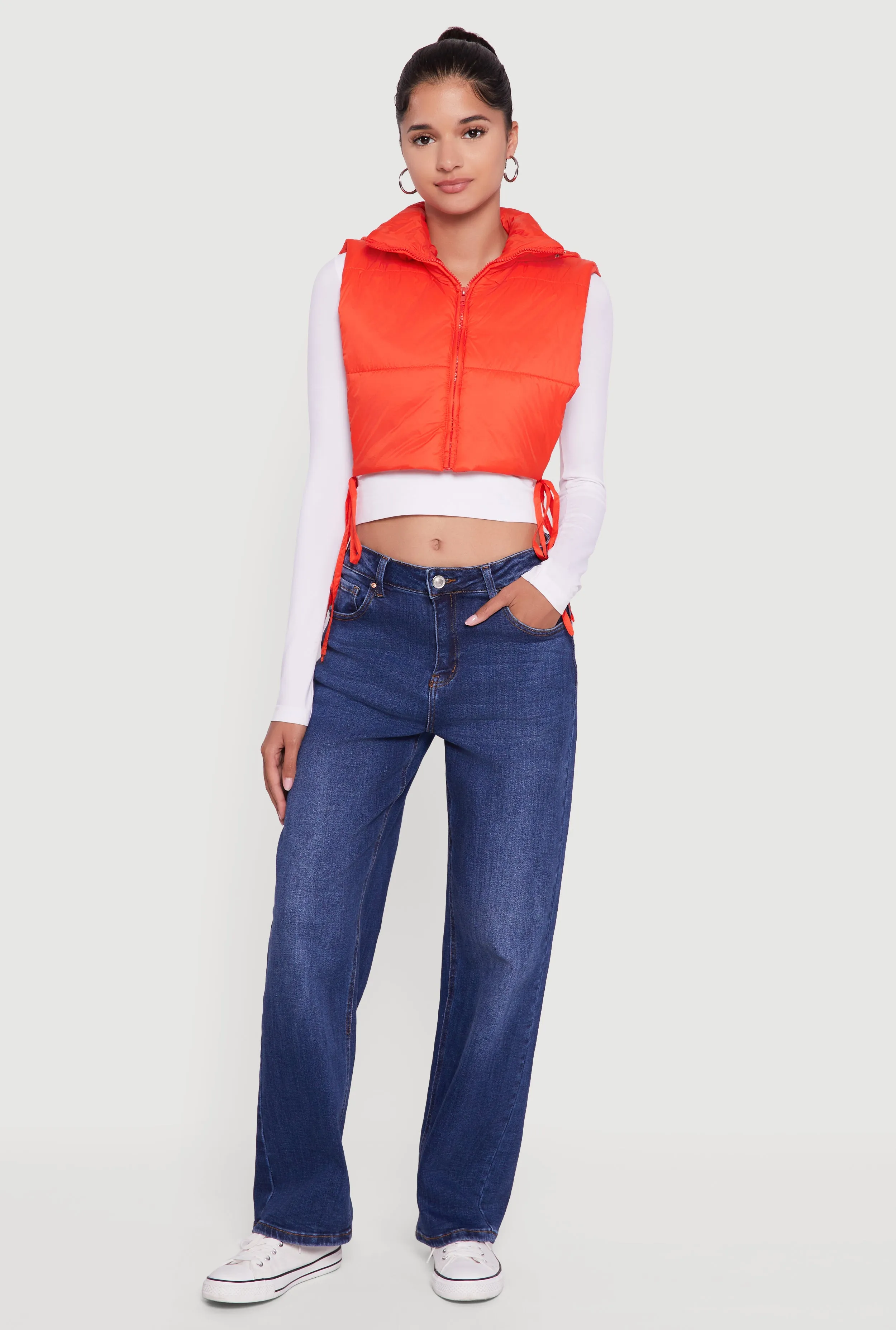 Hooded Cropped Puffer Vest with Open Tie Sides sold by Rainbow