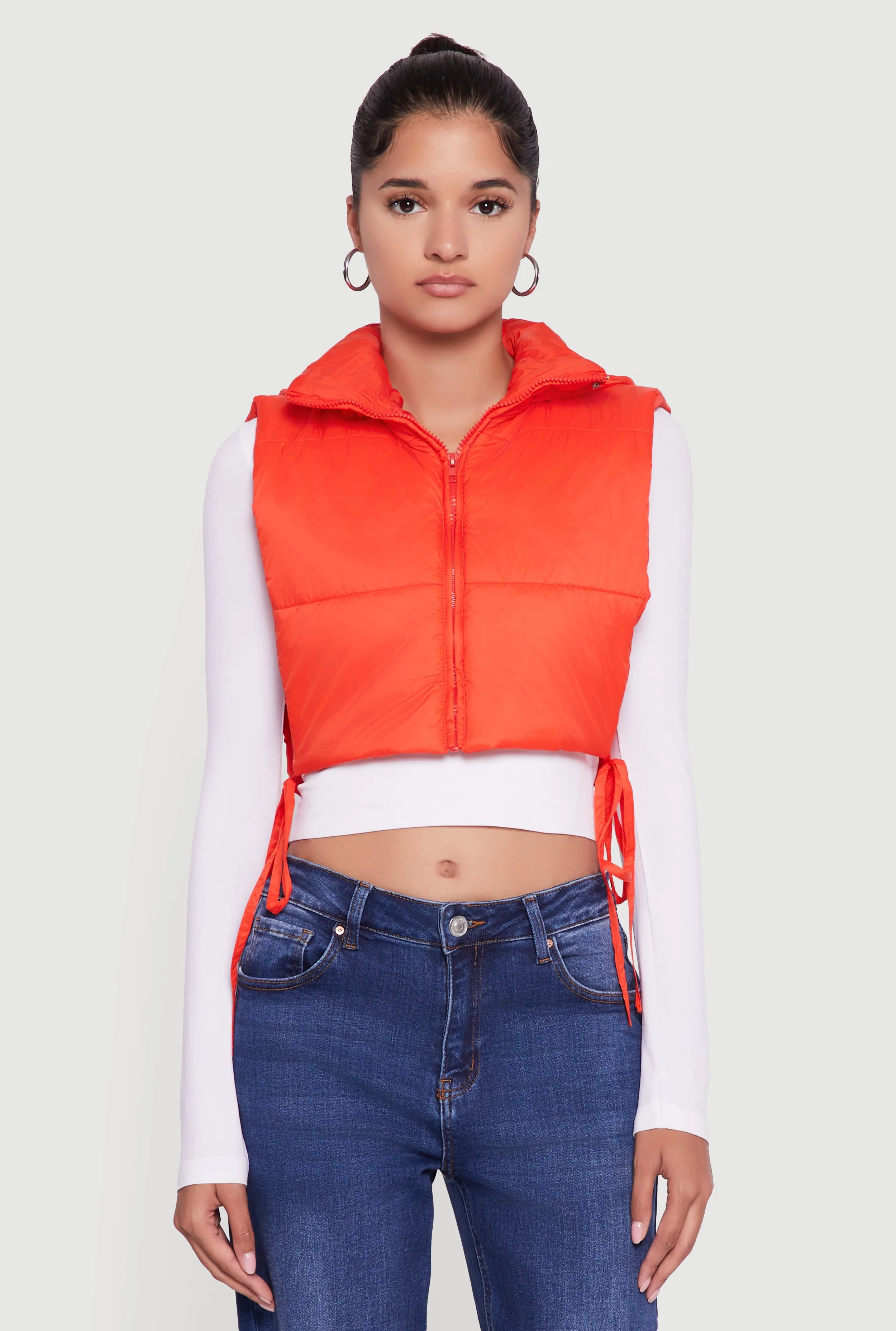 Hooded Cropped Puffer Vest with Open Tie Sides sold by Rainbow product image thumbnail 2