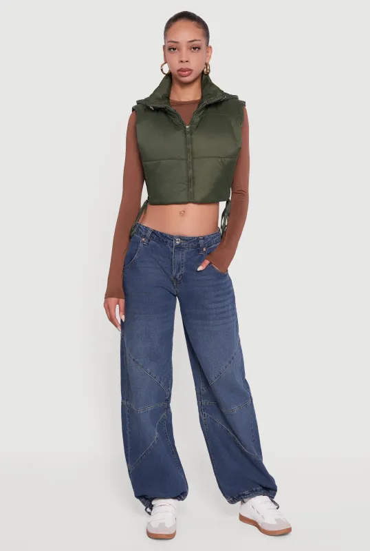 Hooded Cropped Puffer Vest with Open Tie Sides sold by Rainbow