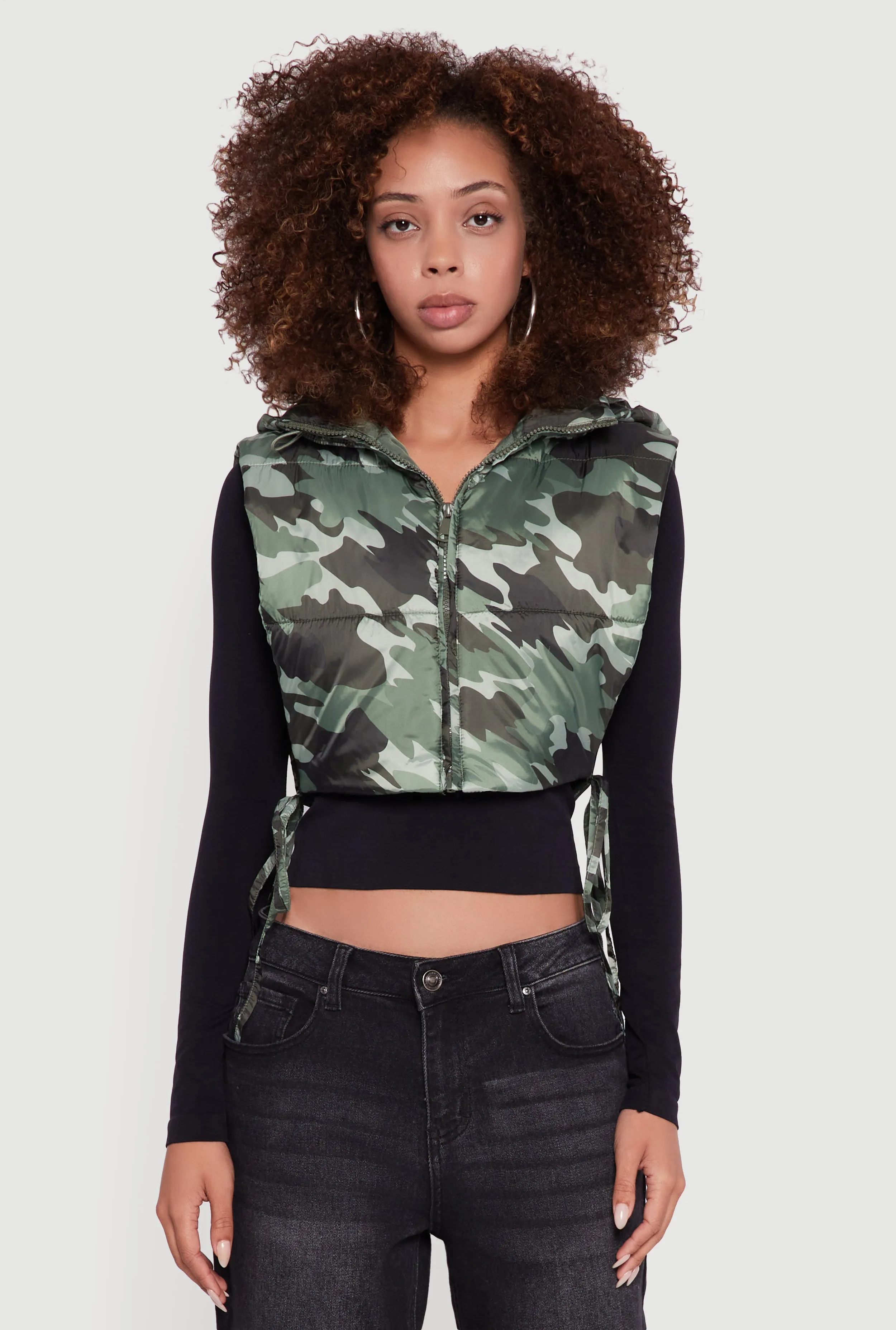 Hooded Cropped Puffer Vest with Open Tie Sides sold by Rainbow product image thumbnail 2