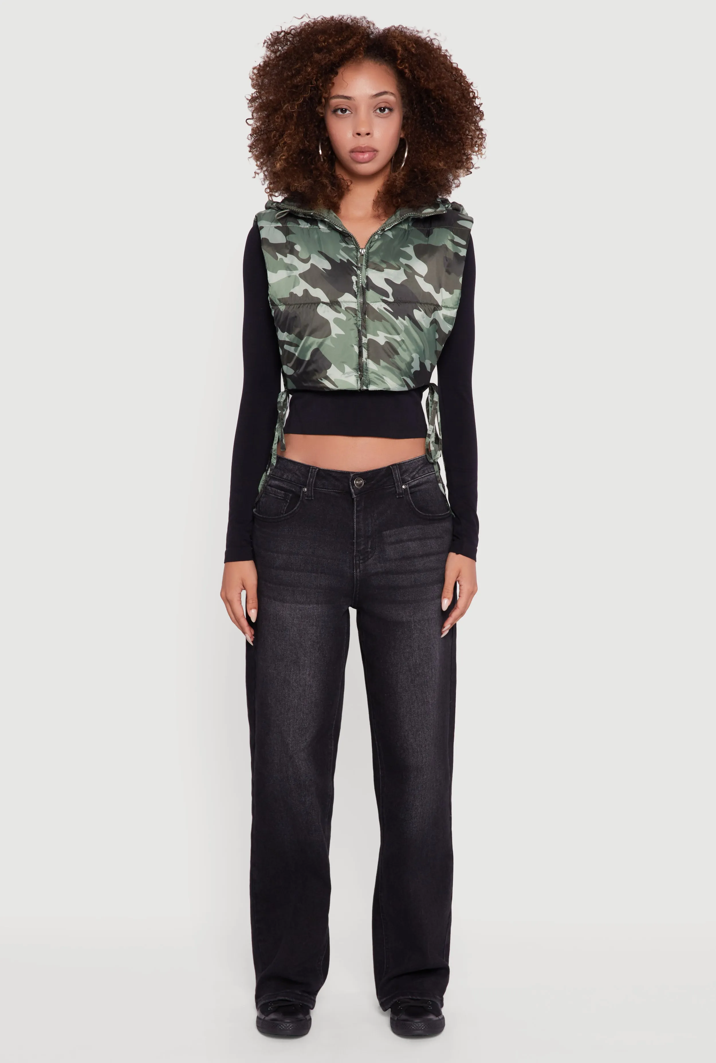 Hooded Cropped Puffer Vest with Open Tie Sides sold by Rainbow product image thumbnail 3