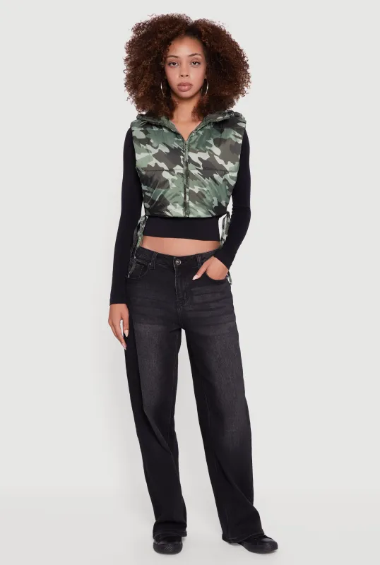 Hooded Cropped Puffer Vest with Open Tie Sides sold by Rainbow