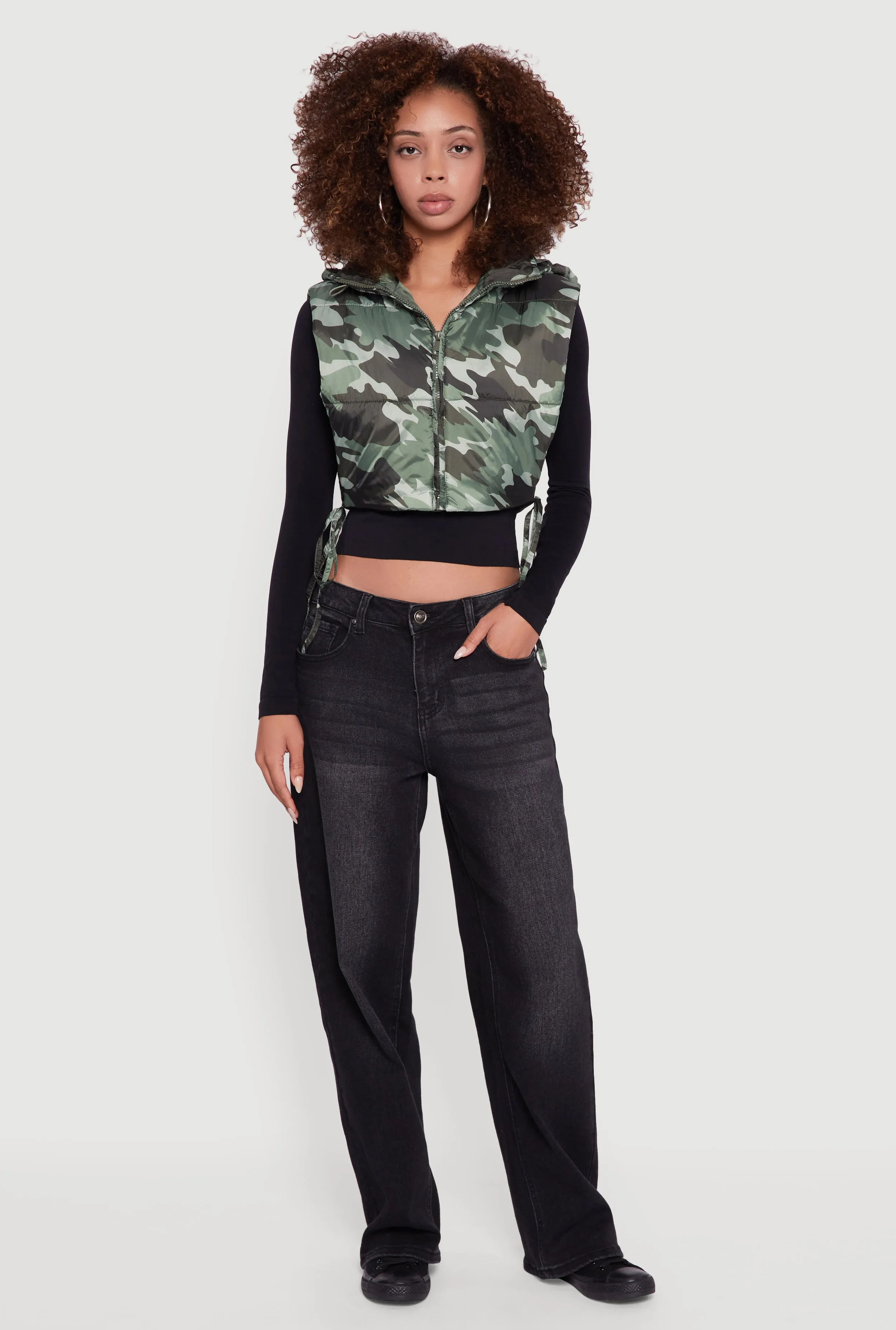 Hooded Cropped Puffer Vest with Open Tie Sides sold by Rainbow