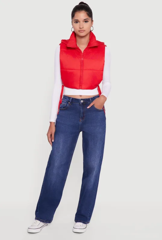 Hooded Cropped Puffer Vest with Open Tie Sides sold by Rainbow