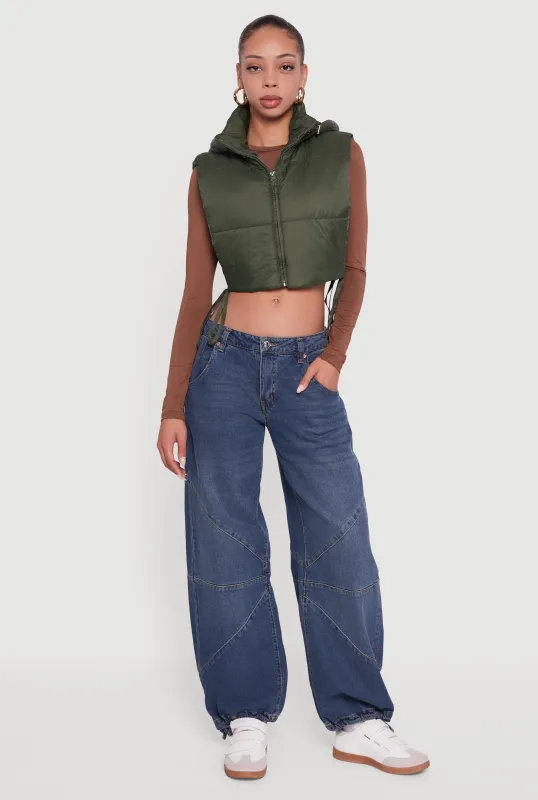 Hooded Cropped Puffer Vest with Open Tie Sides sold by Rainbow