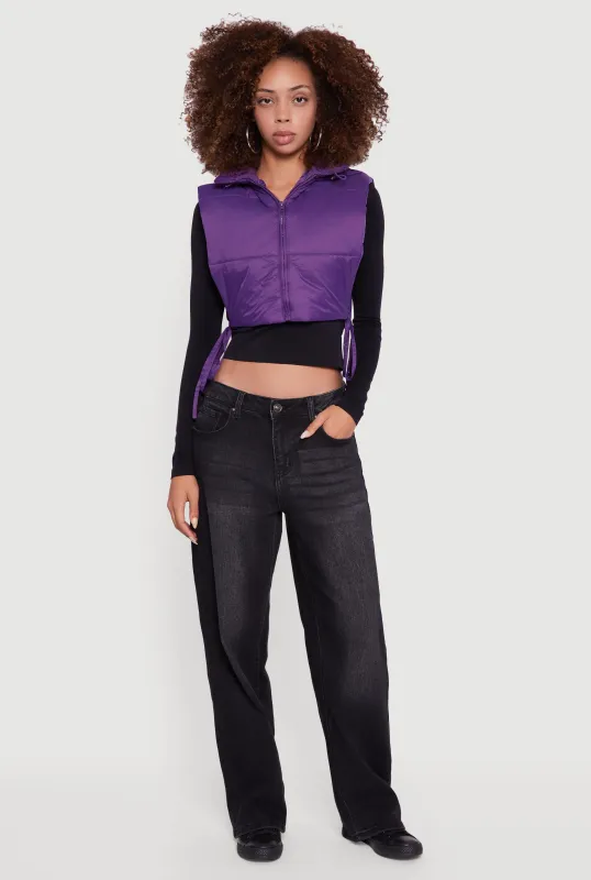 Hooded Cropped Puffer Vest with Open Tie Sides made by Daisy