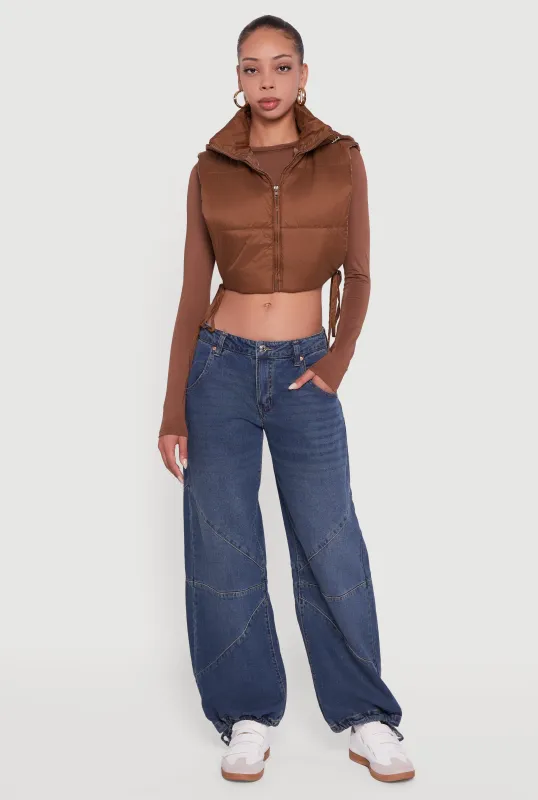 Hooded Cropped Puffer Vest with Open Tie Sides sold by Rainbow