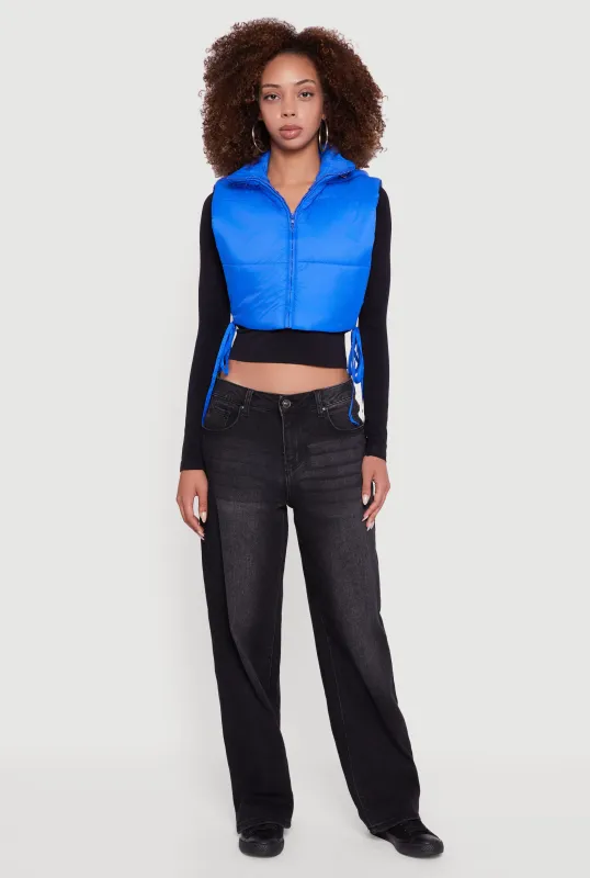Hooded Cropped Puffer Vest with Open Tie Sides sold by Rainbow
