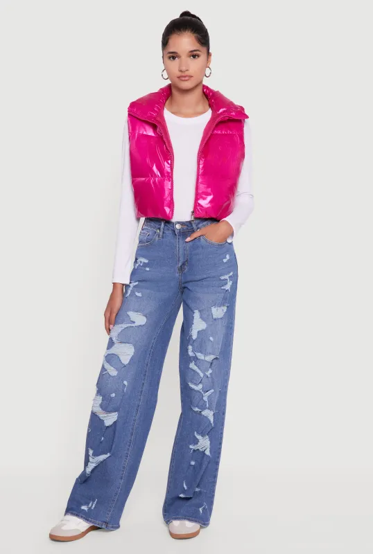 Drawstring Hem Cropped Zip Front Puffer Vest sold by Rainbow