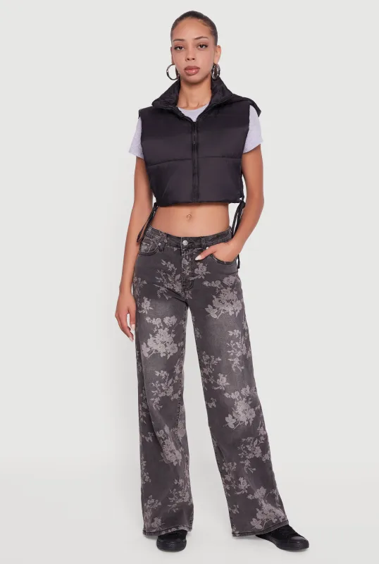 Hooded Cropped Puffer Vest with Open Tie Sides sold by Rainbow