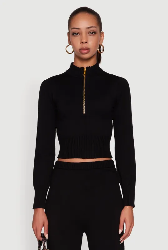 Mock Neck Half Zip Long Sleeve Cropped Sweater sold by Rainbow