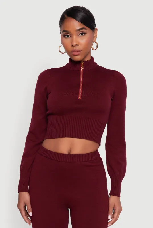 Mock Neck Half Zip Long Sleeve Cropped Sweater sold by Rainbow