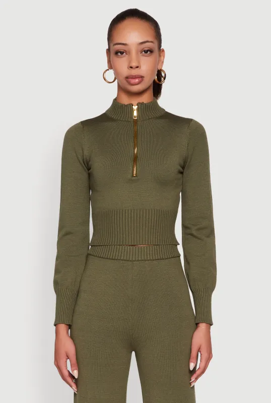 Mock Neck Half Zip Long Sleeve Cropped Sweater sold by Rainbow