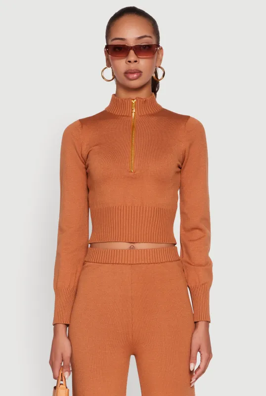 Mock Neck Half Zip Long Sleeve Cropped Sweater sold by Rainbow