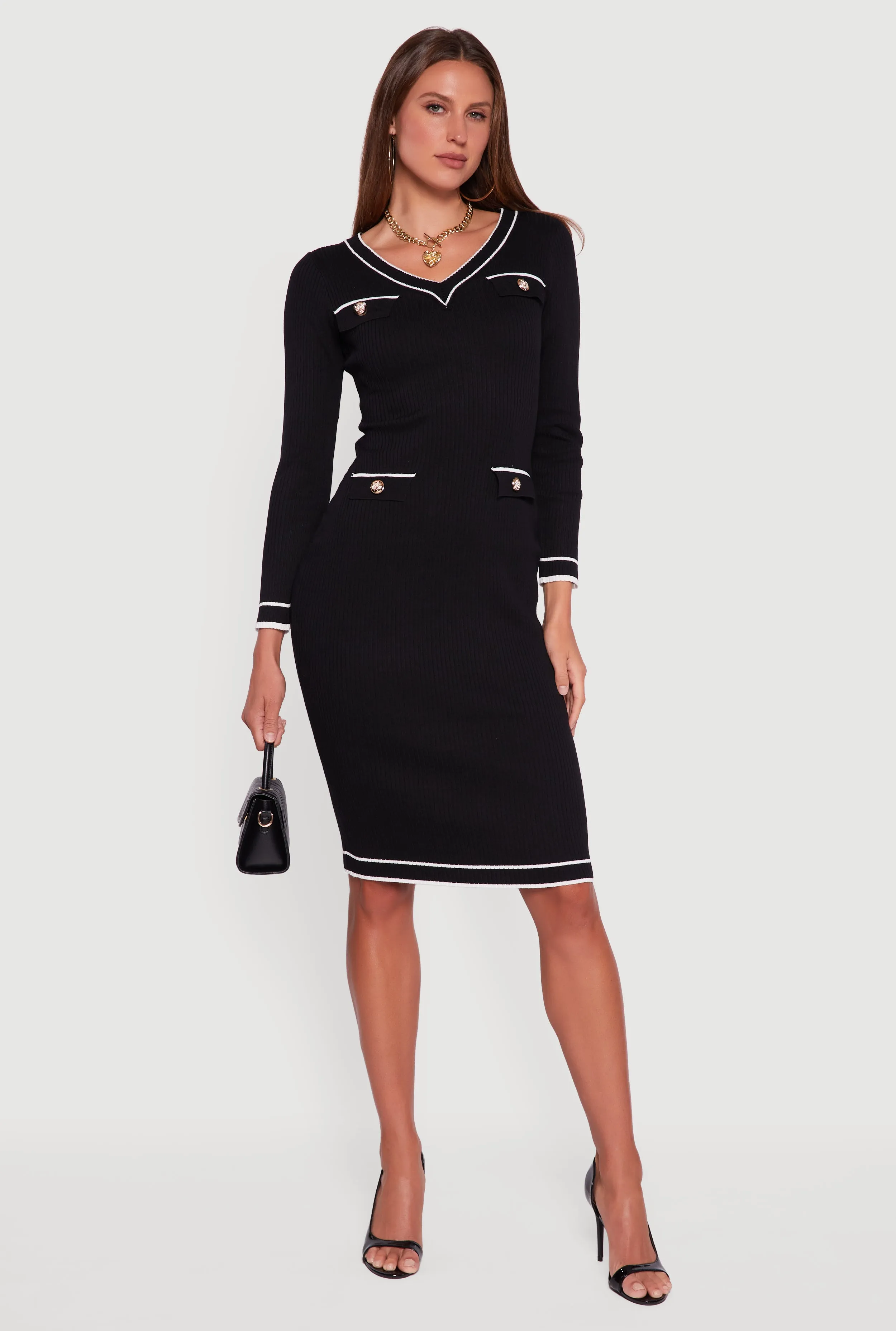 Contrast Trim Pocket Detail Long Sleeve Sweater Dress sold by Rainbow product image thumbnail 2