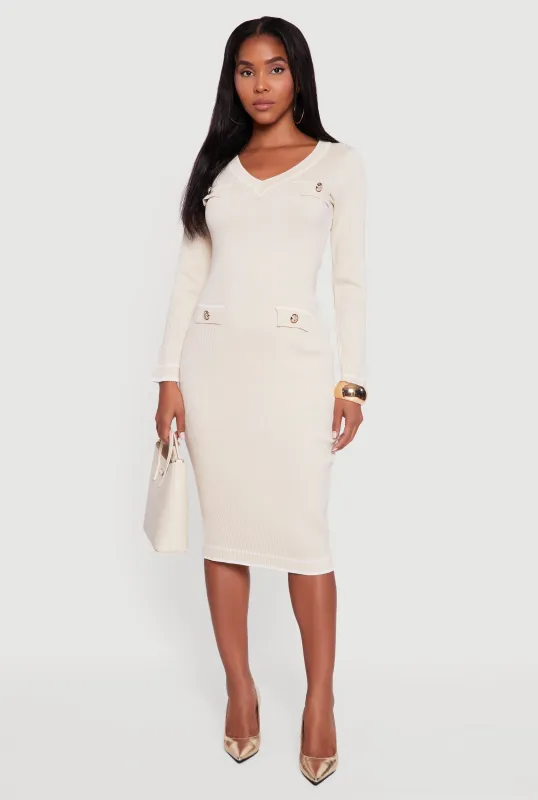 Contrast Trim Pocket Detail Long Sleeve Sweater Dress sold by Rainbow