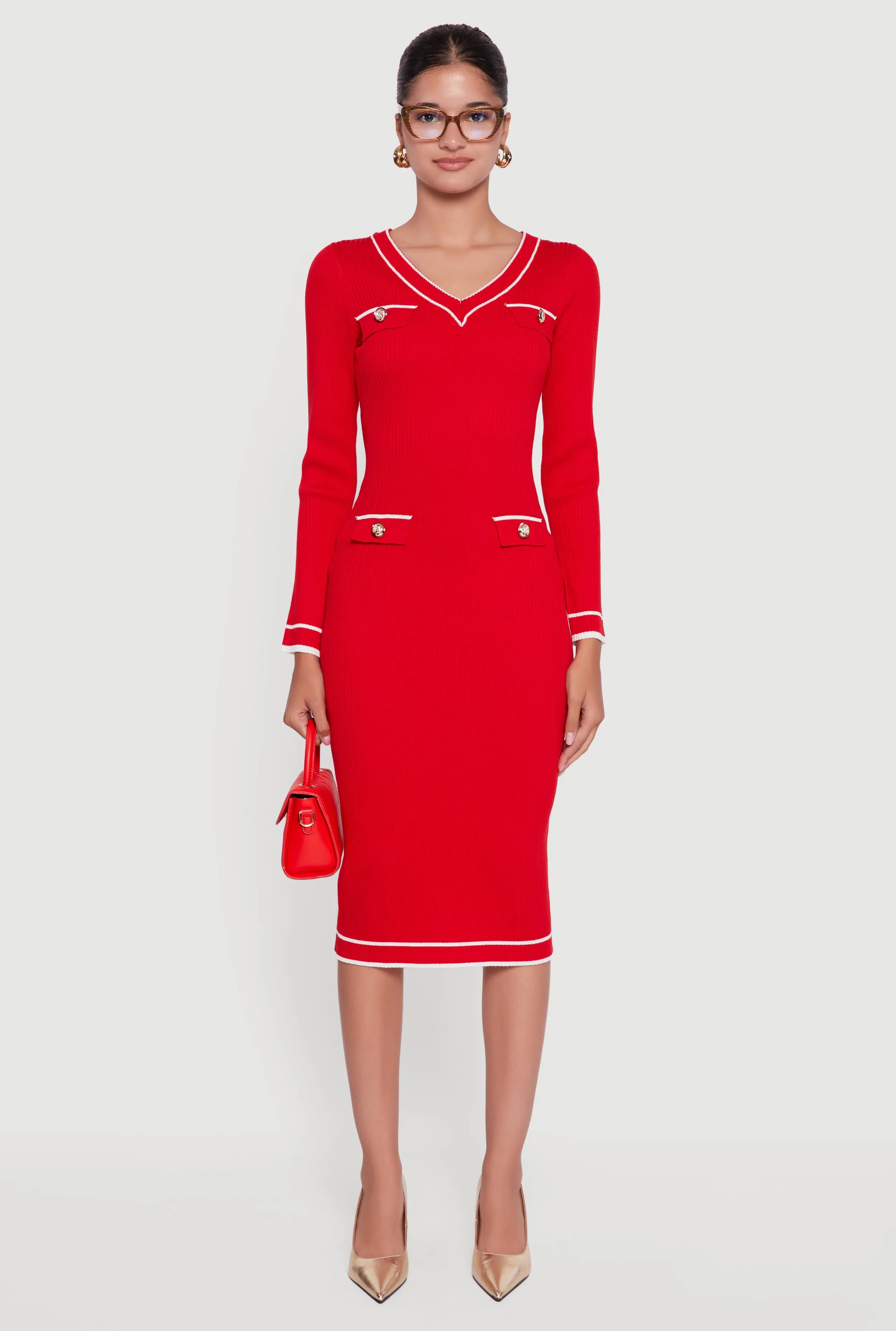 Contrast Trim Pocket Detail Long Sleeve Sweater Dress sold by Rainbow product image thumbnail 2