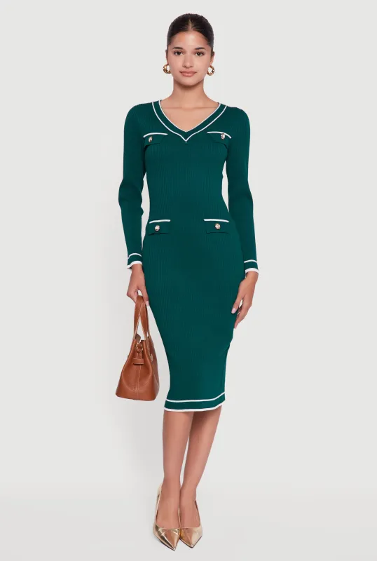 Contrast Trim Pocket Detail Long Sleeve Sweater Dress sold by Rainbow