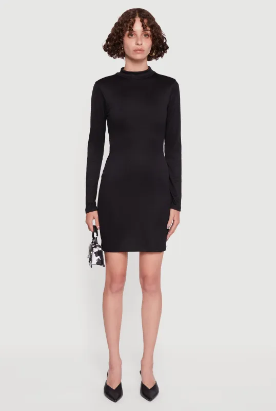 Ribbed Knit Open Tie Back Long Sleeve Mock Neck Mini Dress sold by Rainbow