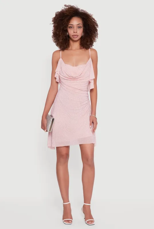 Rhinestone Mesh Padded Cup Cowl Neck Bustier Dress sold by Rainbow