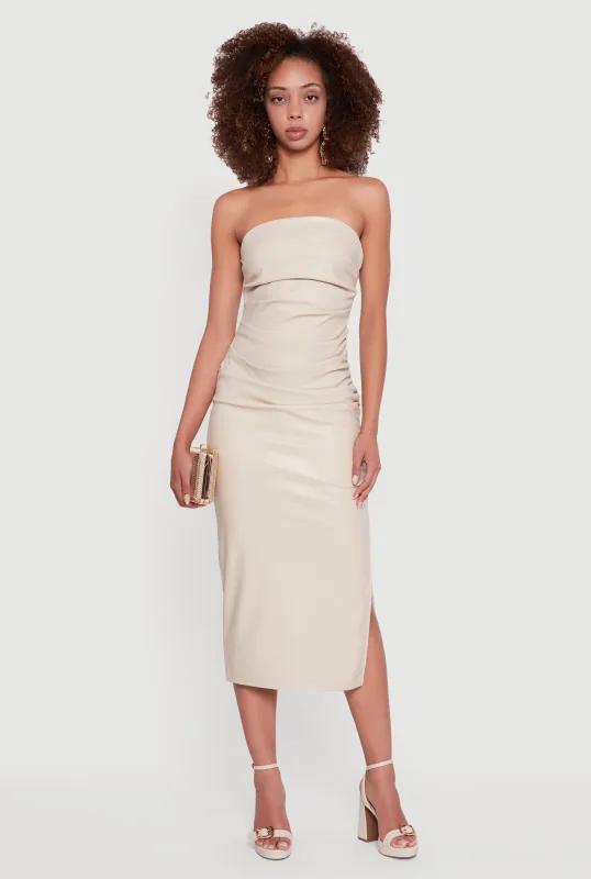 Faux Leather Side Slit Ruched Midi Tube Dress sold by Rainbow