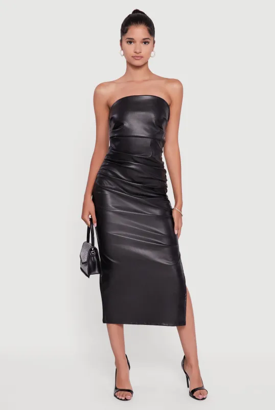 Faux Leather Side Slit Ruched Midi Tube Dress sold by Rainbow