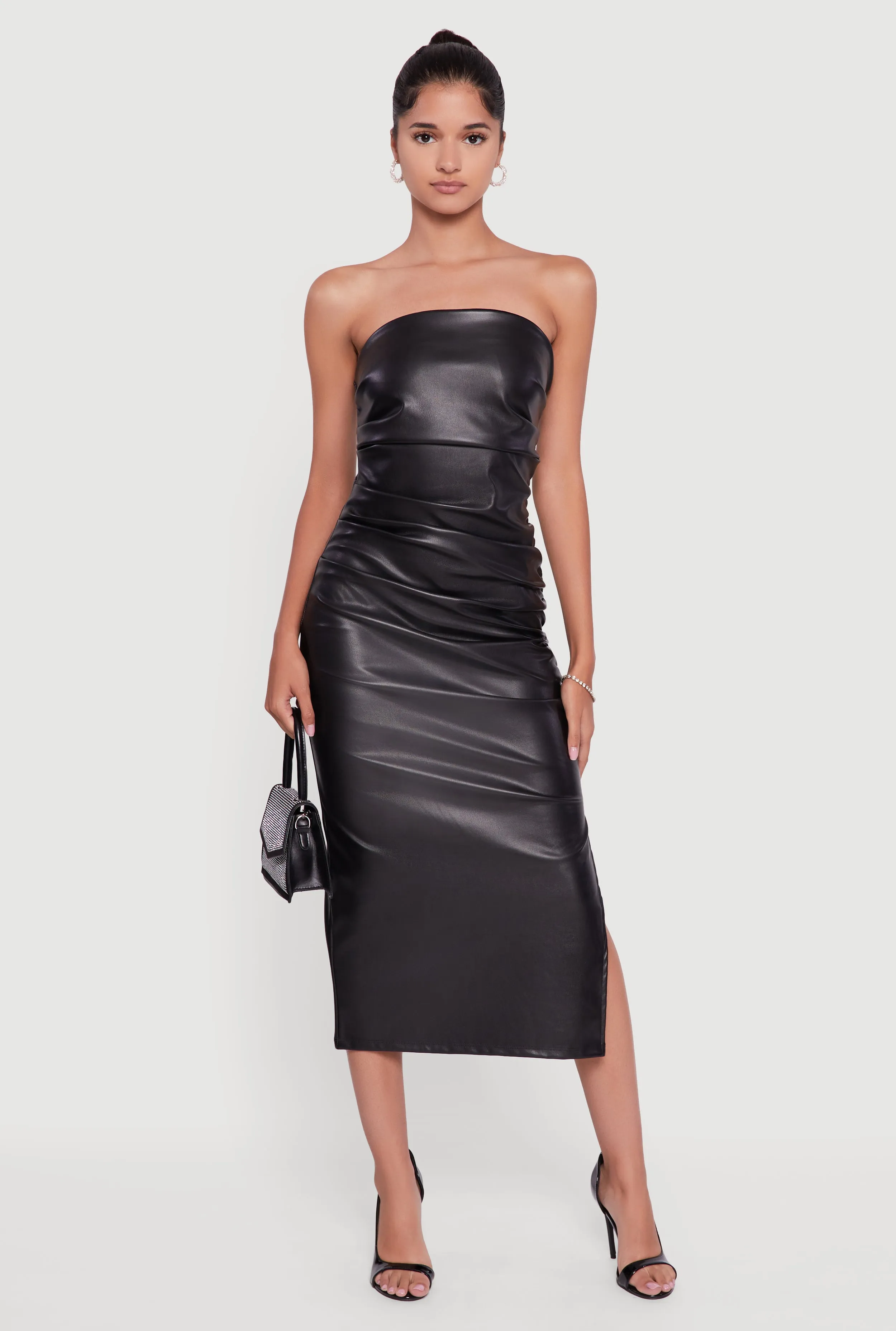 Faux Leather Side Slit Ruched Midi Tube Dress sold by Rainbow