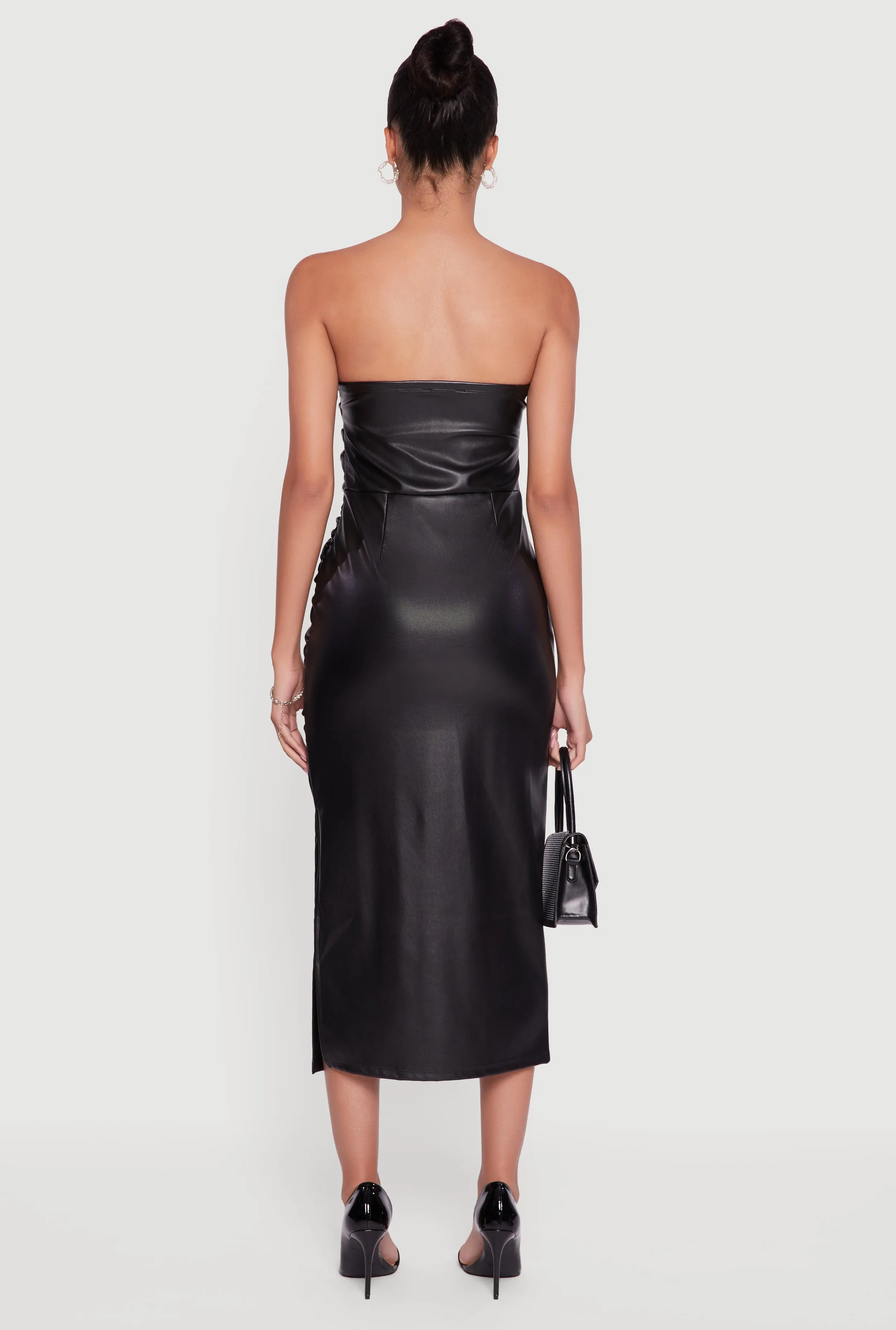 Faux Leather Side Slit Ruched Midi Tube Dress sold by Rainbow product image thumbnail 5