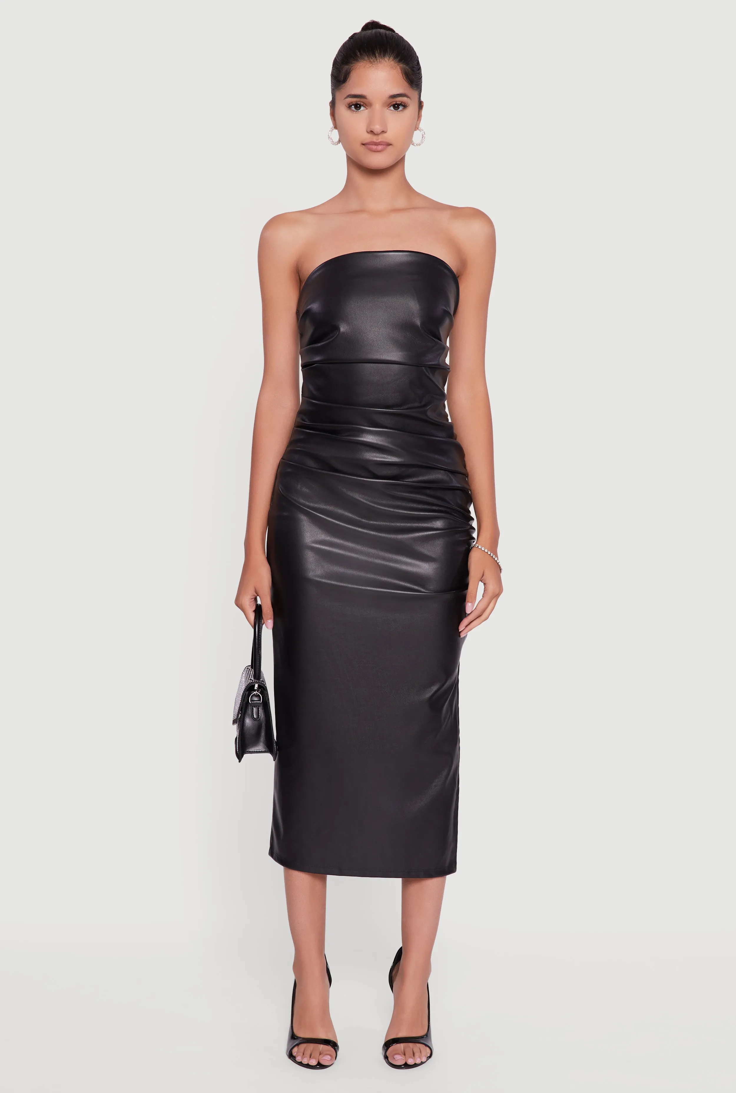 Faux Leather Side Slit Ruched Midi Tube Dress sold by Rainbow product image thumbnail 2