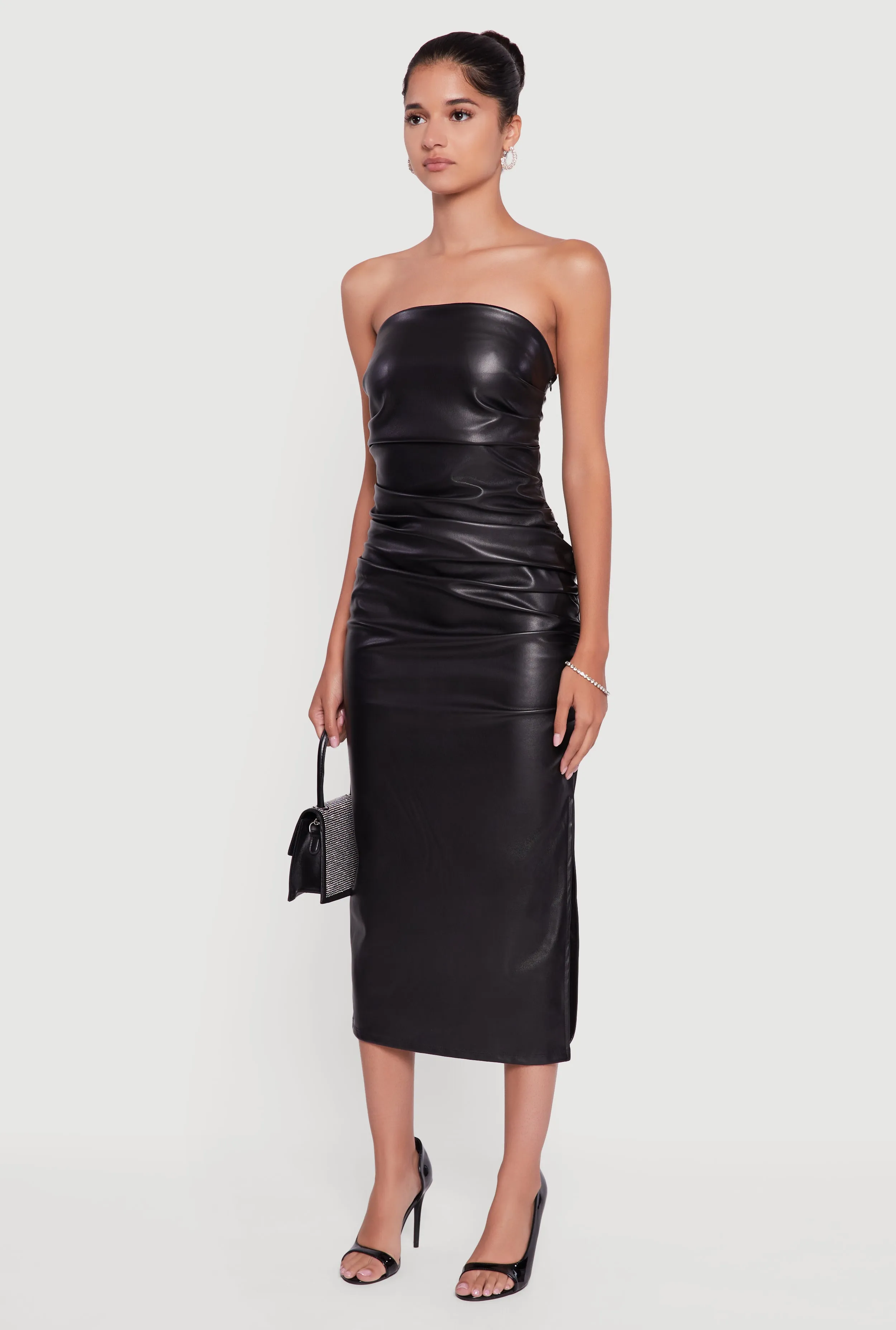 Faux Leather Side Slit Ruched Midi Tube Dress sold by Rainbow product image thumbnail 3