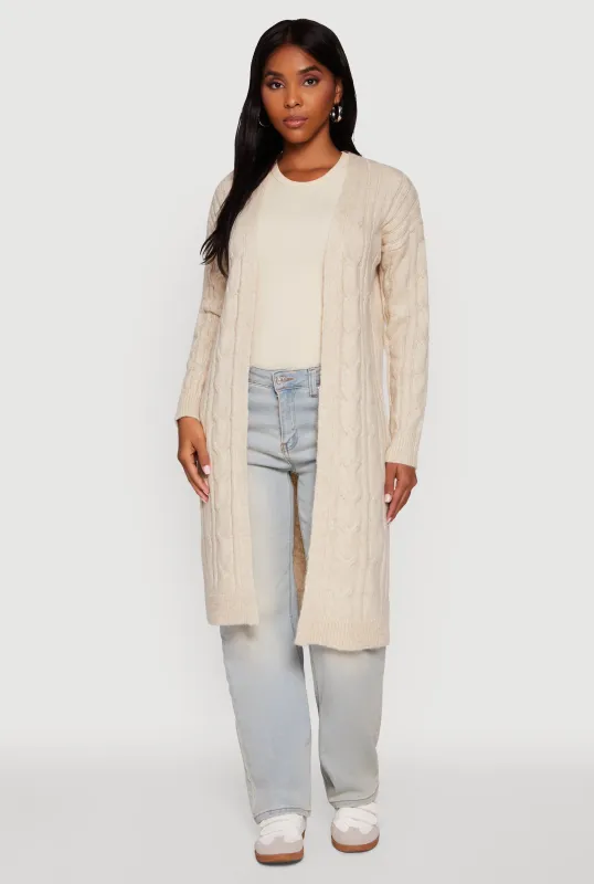 Cable Knit Open Front Long Cardigan sold by Rainbow