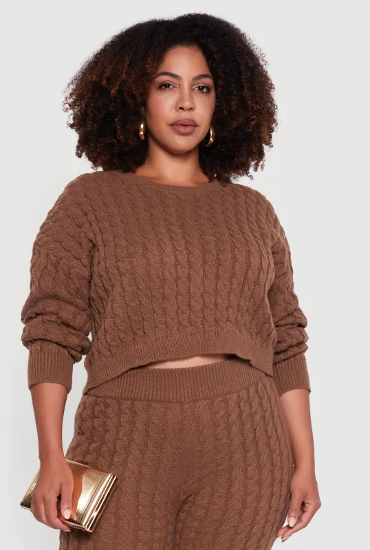 Plus Size Cable Knit Cropped Long Sleeve Sweater sold by Rainbow