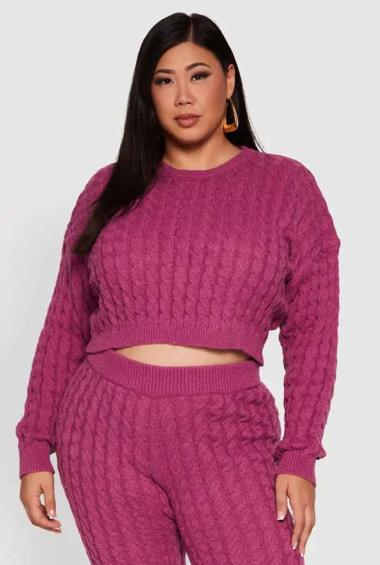 Plus Size Cable Knit Cropped Long Sleeve Sweater sold by Rainbow