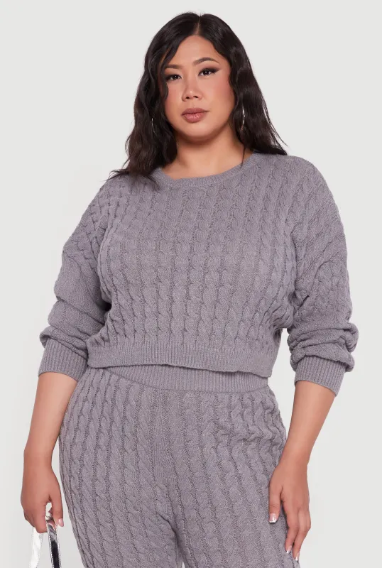 Plus Size Cable Knit Cropped Long Sleeve Sweater sold by Rainbow