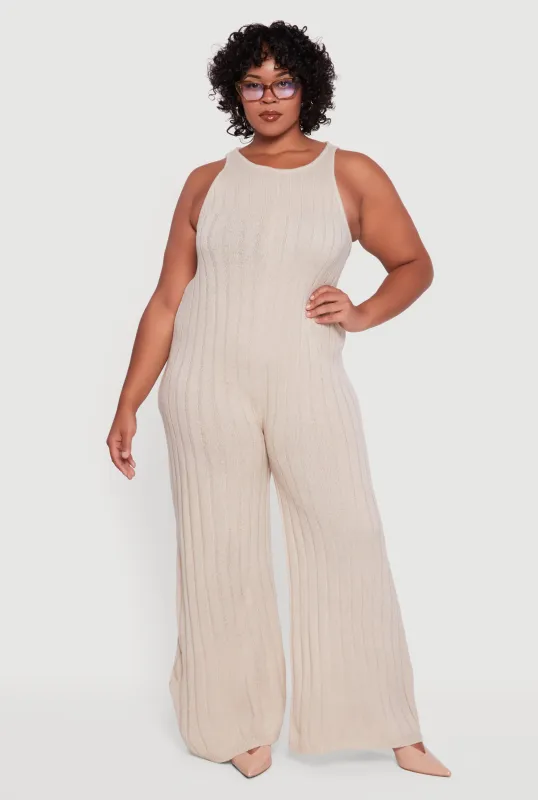 Plus Size Ribbed Knit Sleeveless Jumpsuit with Keyhole Back sold by Rainbow