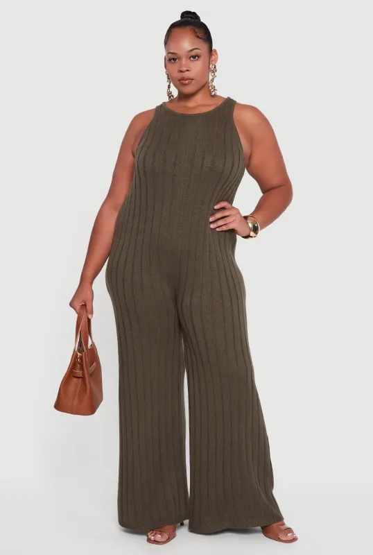 Plus Size Ribbed Knit Sleeveless Jumpsuit with Keyhole Back sold by Rainbow