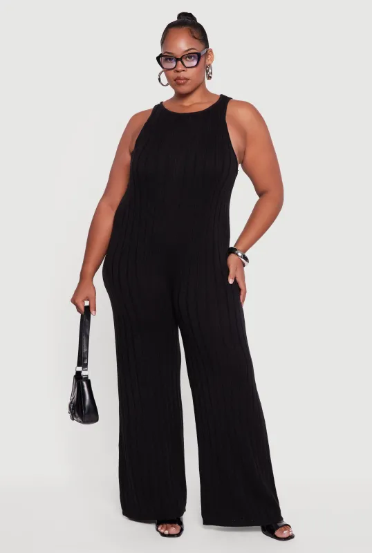 Plus Size Ribbed Knit Sleeveless Jumpsuit with Keyhole Back sold by Rainbow