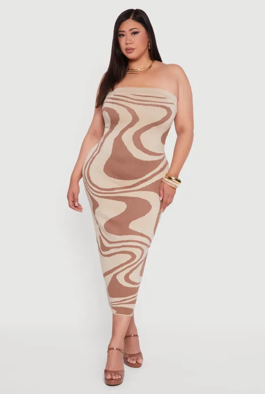 Plus Size Swirl Print Zip Back Tube Maxi Dress sold by Rainbow