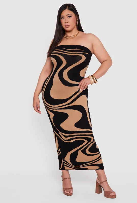 Plus Size Swirl Print Zip Back Tube Maxi Dress sold by Rainbow