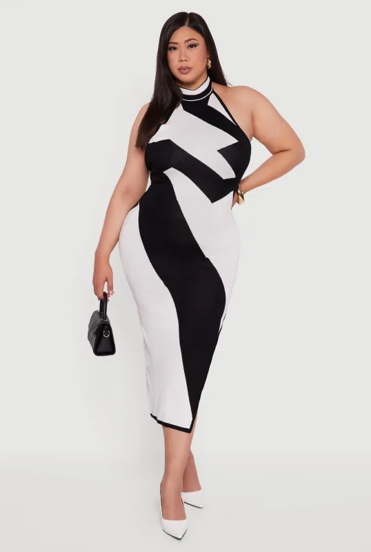 Plus Size Abstract Print Mock Neck Halter Maxi Dress sold by Rainbow