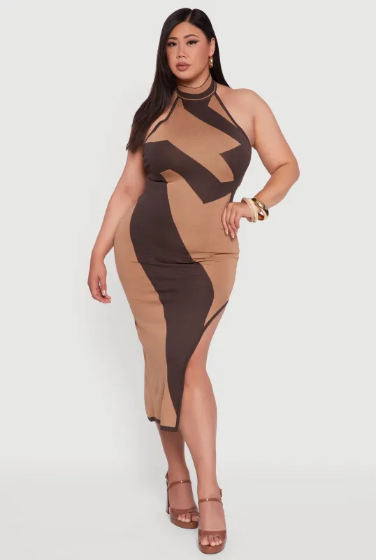 Plus Size Abstract Print Mock Neck Halter Maxi Dress sold by Rainbow